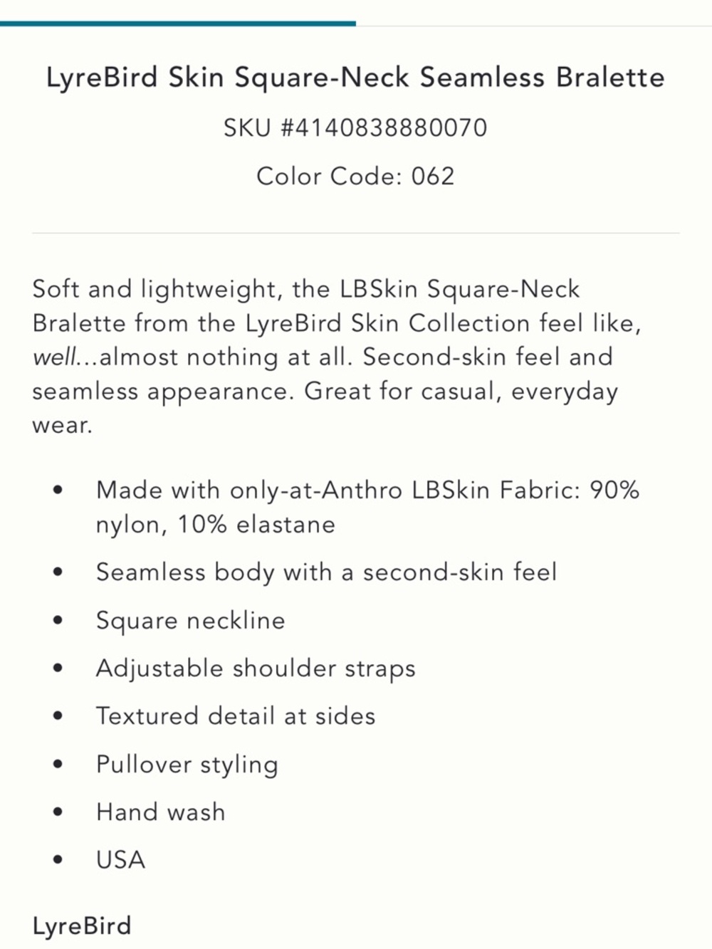 Anthropologie LyreBird Skin Square-Neck Seamless Bralette - Picture 4 of 6
